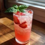 A tall glass filled with Sparkling Strawberry Basil Lemonade, ice, sliced strawberries, and garnished with fresh basil.