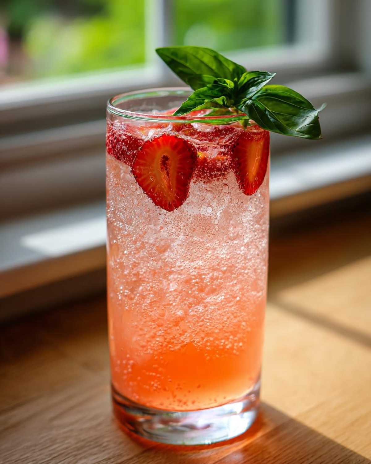 A tall glass of Sparkling Strawberry Basil Lemonade filled with ice, strawberry slices, and topped with fresh basil leaves.