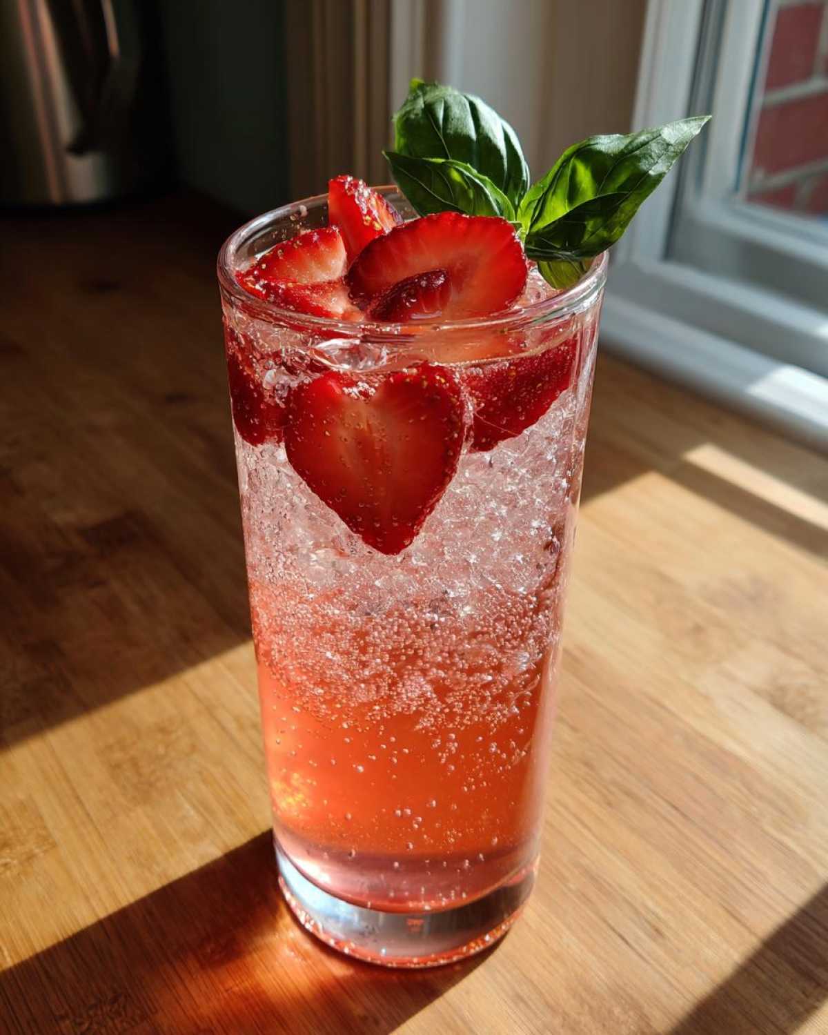 A tall glass filled with Sparkling Strawberry Basil Lemonade, garnished with fresh strawberry slices and basil leaves.