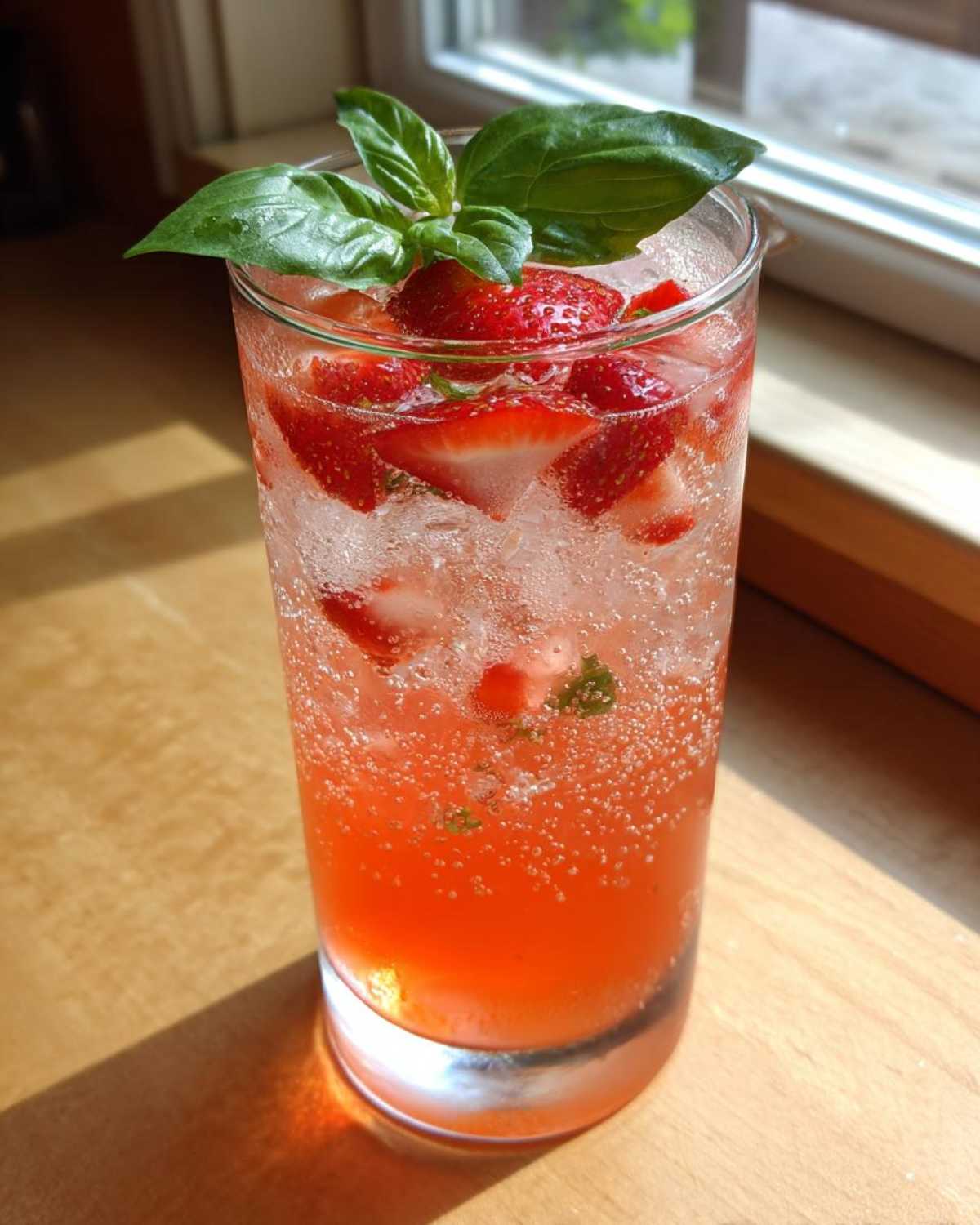 A tall glass filled with Sparkling Strawberry Basil Lemonade, garnished with fresh strawberries and basil leaves.