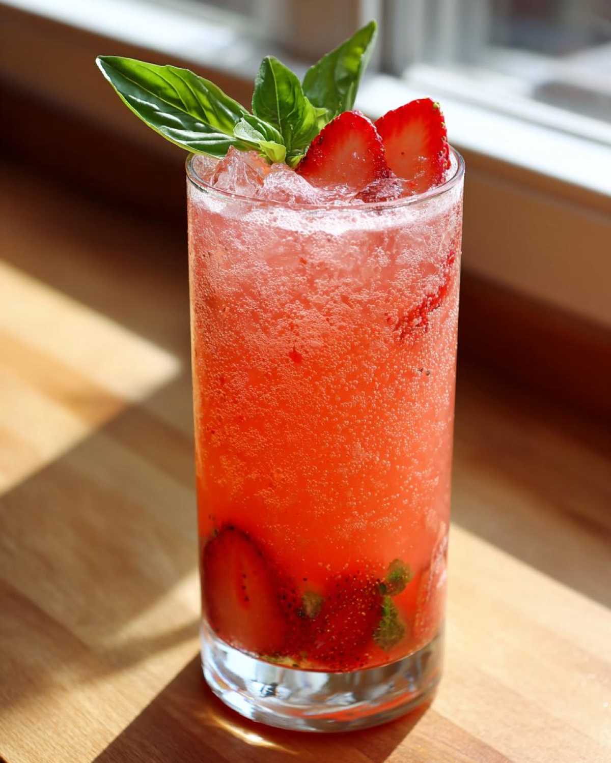 A tall glass filled with vibrant red Sparkling Strawberry Basil Lemonade, garnished with fresh basil leaves and strawberry slices.