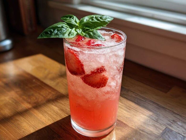 A tall glass filled with Sparkling Strawberry Basil Lemonade, ice, sliced strawberries, and garnished with fresh basil.