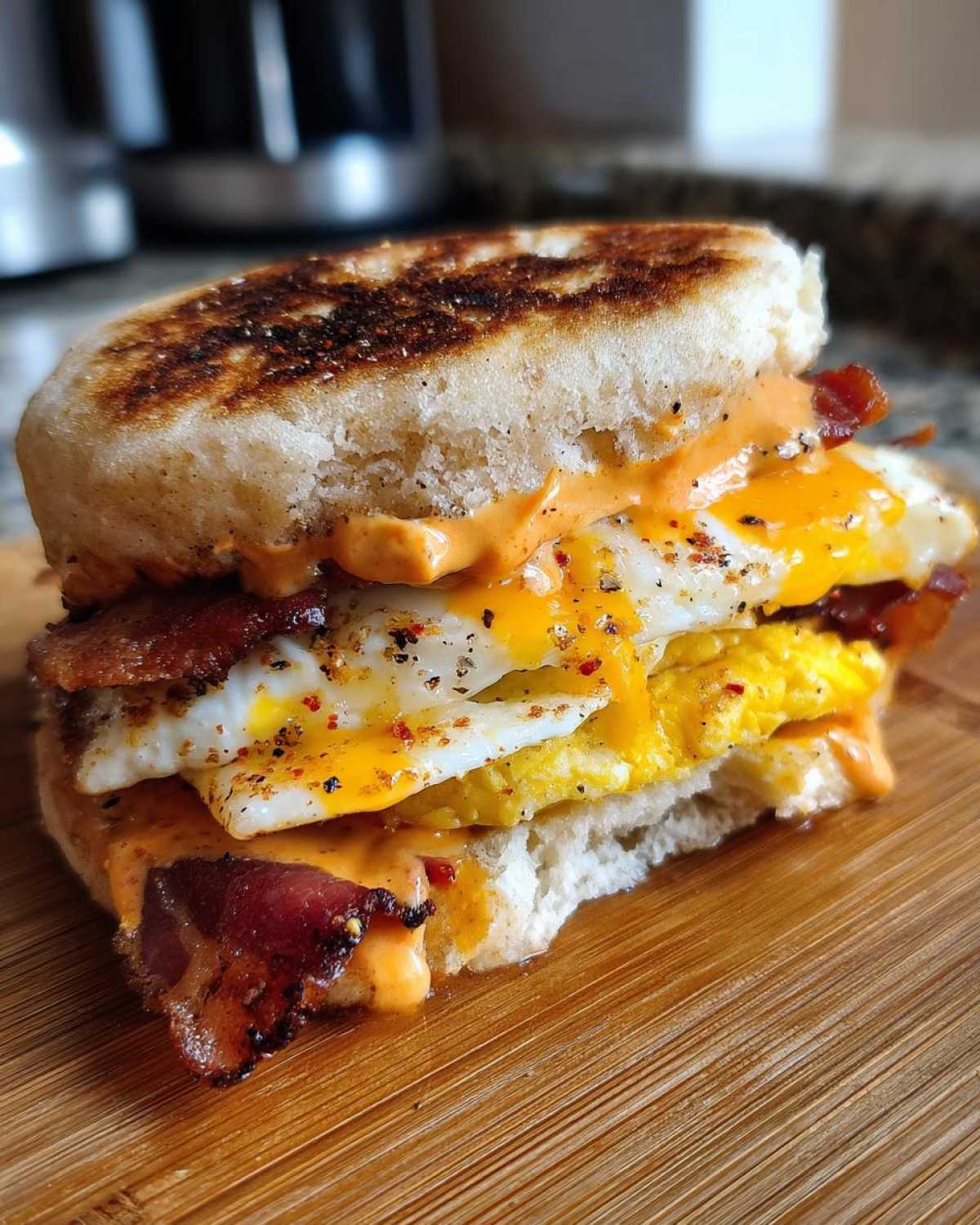 Close-up of a Spicy Chipotle Breakfast Sandwich featuring toasted English muffin, fried eggs, bacon, and orange sauce.