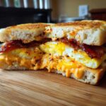 Cross-section of a Spicy Chipotle Breakfast Sandwich showing melted cheese sauce, fried egg, and bacon between toasted bread.