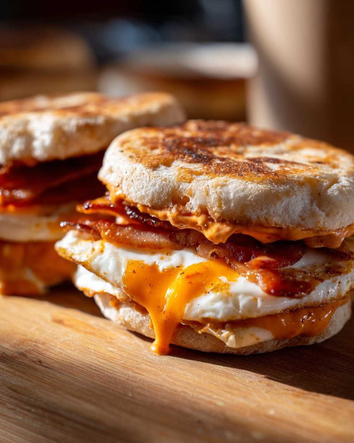 Close-up of a Spicy Chipotle Breakfast Sandwich featuring a fried egg with a runny yolk, bacon, and toasted English muffin.