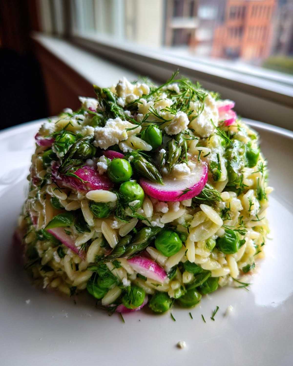 A molded serving of Spring Orzo Pasta Salad featuring bright green peas, asparagus, pink radish slices, and crumbled feta cheese.