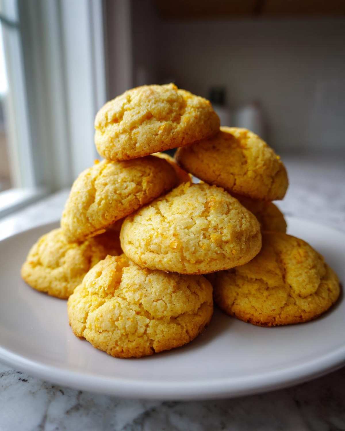 A stack of bright yellow, soft-looking cake mix cookies piled high on a light gray plate near a window.