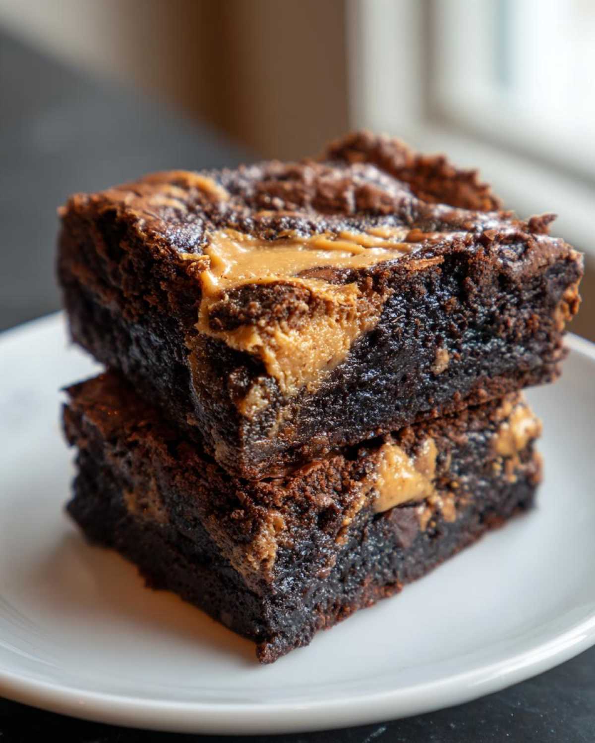 Two rich, fudgy peanut butter swirl brownies stacked on a white plate.