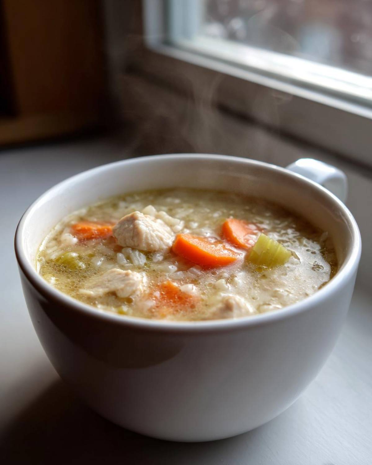 A close-up of a steaming white mug filled with creamy chicken and rice soup, featuring chunks of chicken, carrots, and celery.