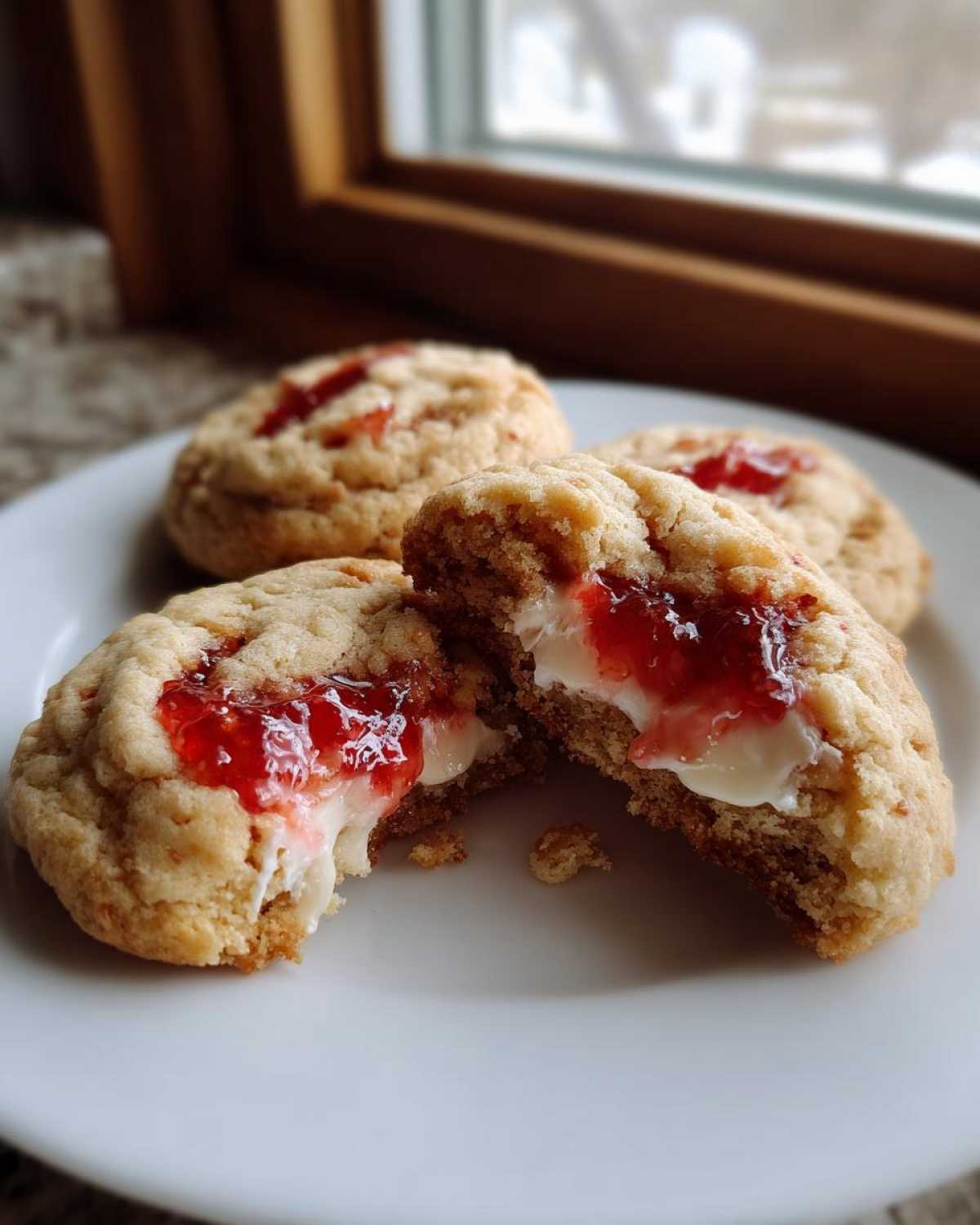 A close-up of strawberry cheesecake cookies, one broken open revealing a creamy white filling and strawberry jam topping.
