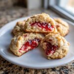 Close-up of strawberry cheesecake cookies cut open to show the gooey strawberry filling and cream cheese center.