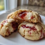Close-up of three strawberry cheesecake cookies, one broken open revealing the creamy center and strawberry jam filling.
