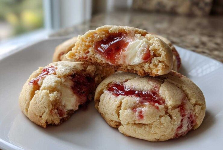 Close-up of three strawberry cheesecake cookies, one broken open revealing the creamy center and strawberry jam filling.