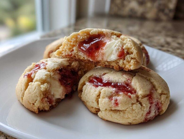 Close-up of three strawberry cheesecake cookies, one broken open revealing the creamy center and strawberry jam filling.