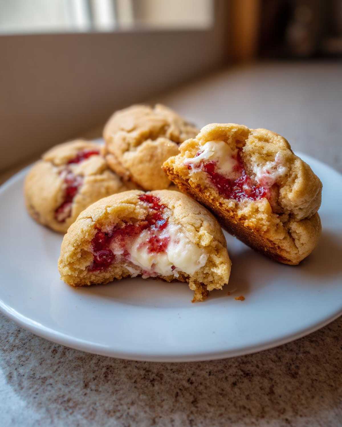 A close-up view of delicious strawberry cheesecake cookies, one broken open to show the creamy white filling and bright red strawberry jam center.