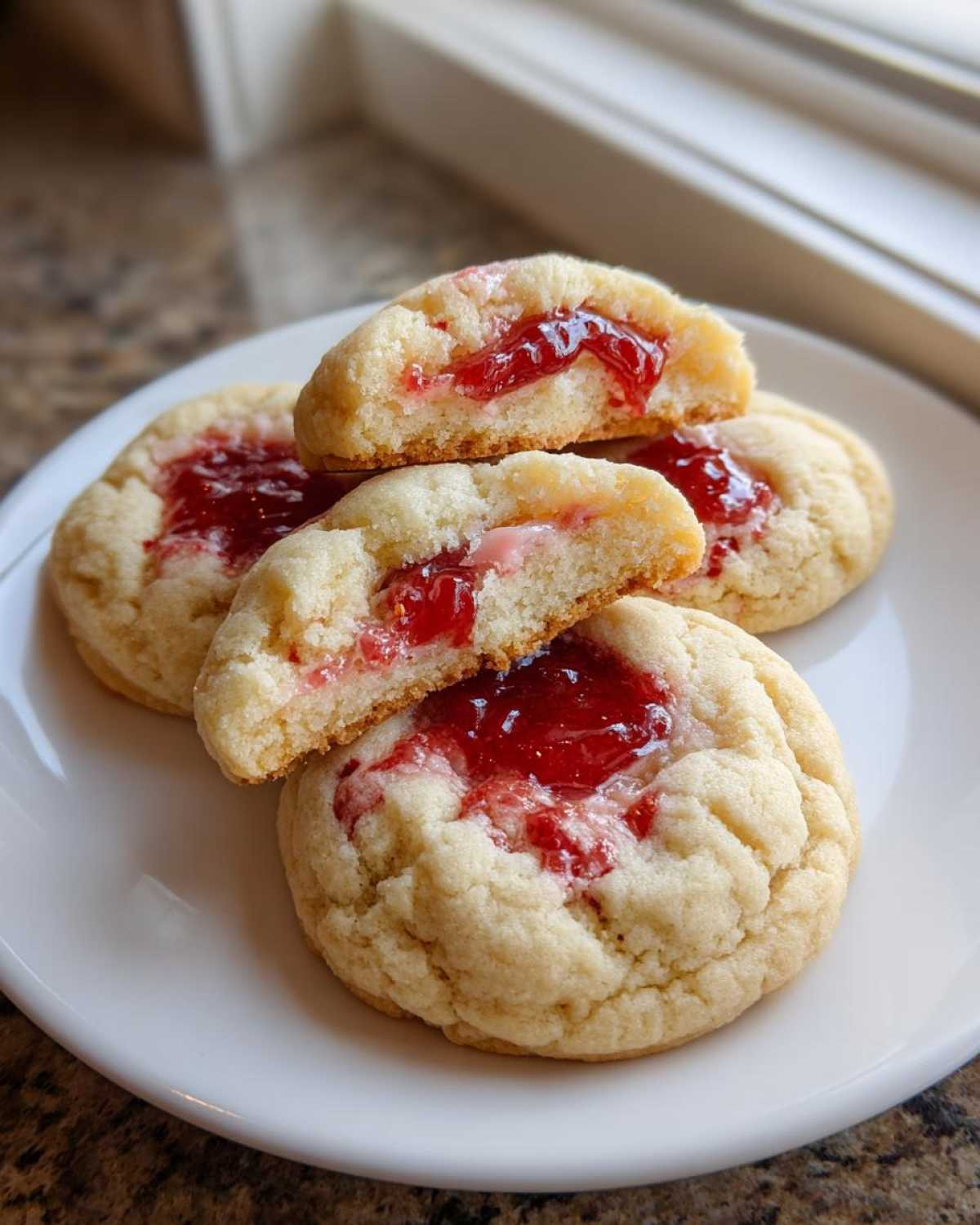 Close-up of soft strawberry cheesecake cookies, one broken in half showing the gooey red jam filling.