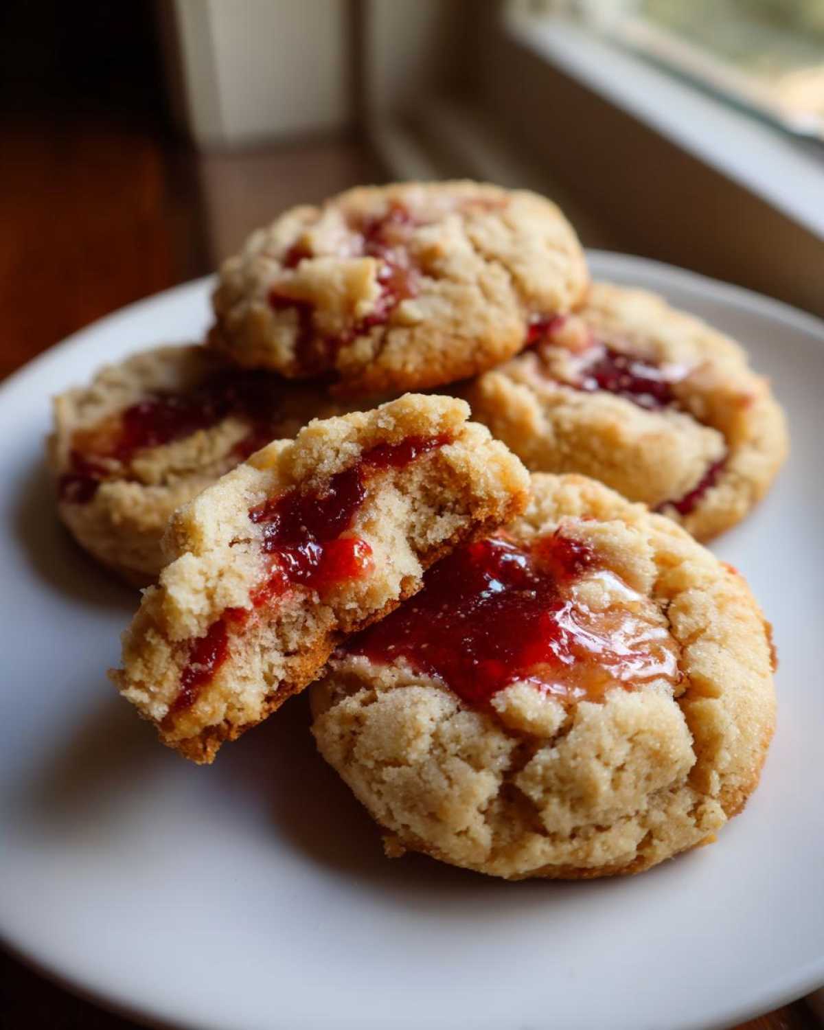 A stack of soft strawberry cheesecake cookies, one broken in half showing the gooey strawberry jam center.