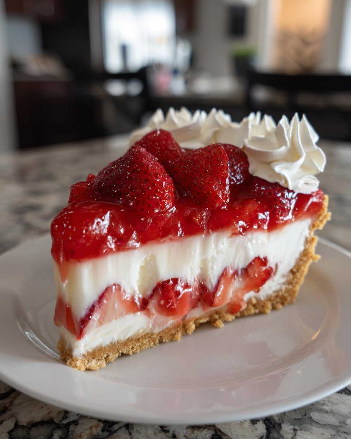 A decadent slice of Strawberry Cream Pie showing layers of graham cracker crust, cream filling, fresh strawberries, and whipped cream topping.