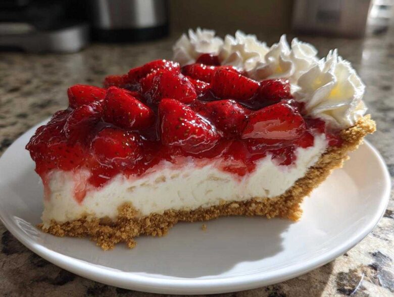 A close-up of a decadent slice of Strawberry Cream Pie featuring a graham cracker crust, thick cream filling, and glossy strawberry topping.
