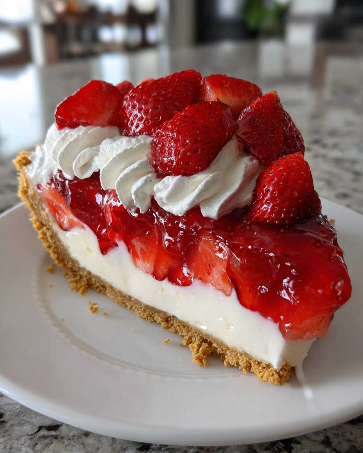 A decadent slice of Strawberry Cream Pie featuring a graham cracker crust, creamy filling, strawberry glaze, and fresh whipped cream.