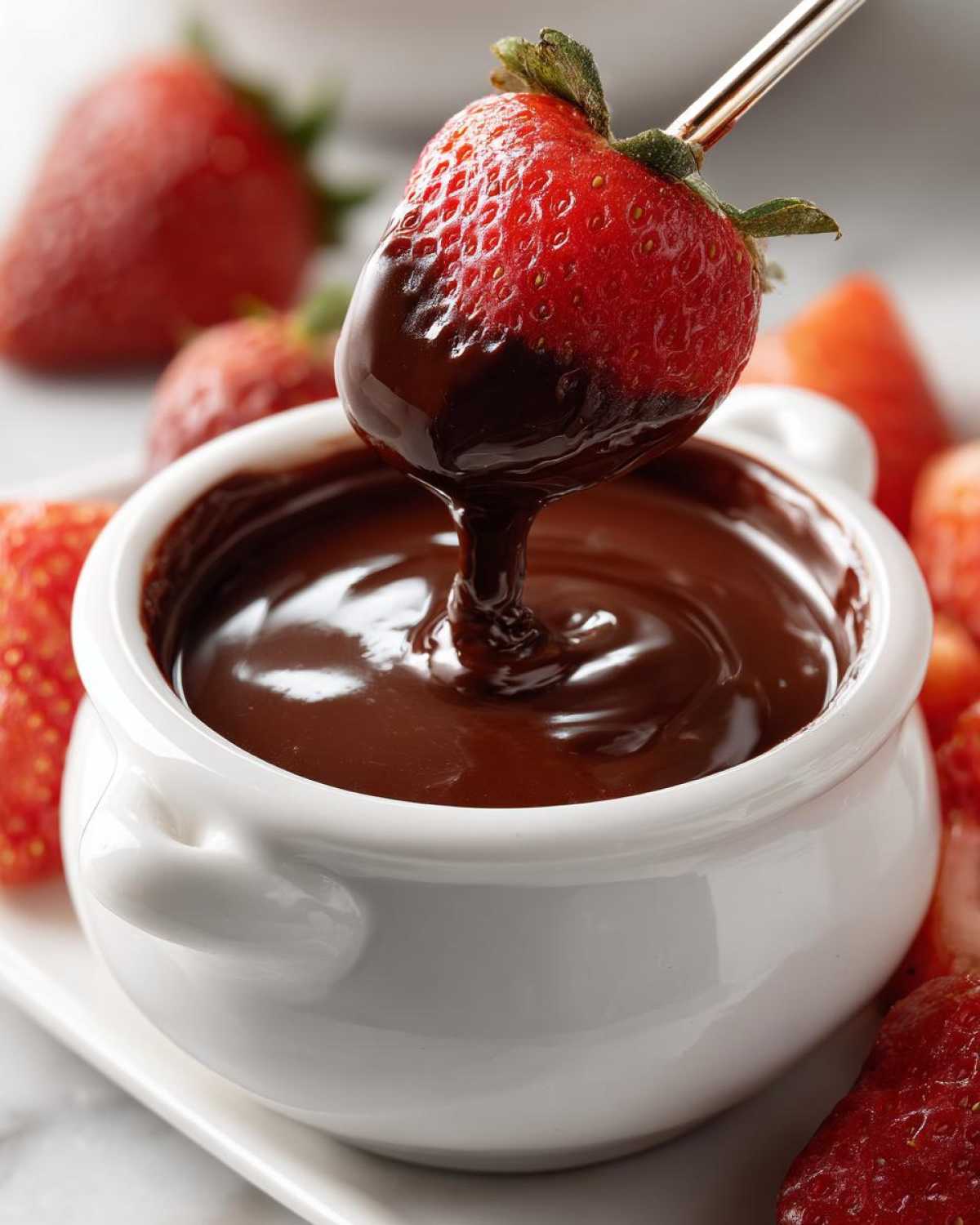 A fresh strawberry being dipped into a small white bowl of smooth, melted chocolate fondue.