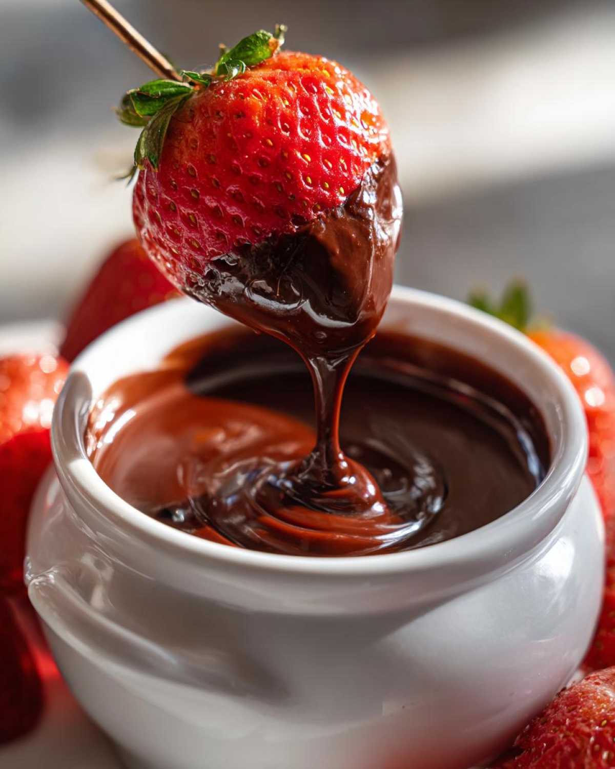 A fresh strawberry being dipped into a small white bowl of rich, melted chocolate fondue.