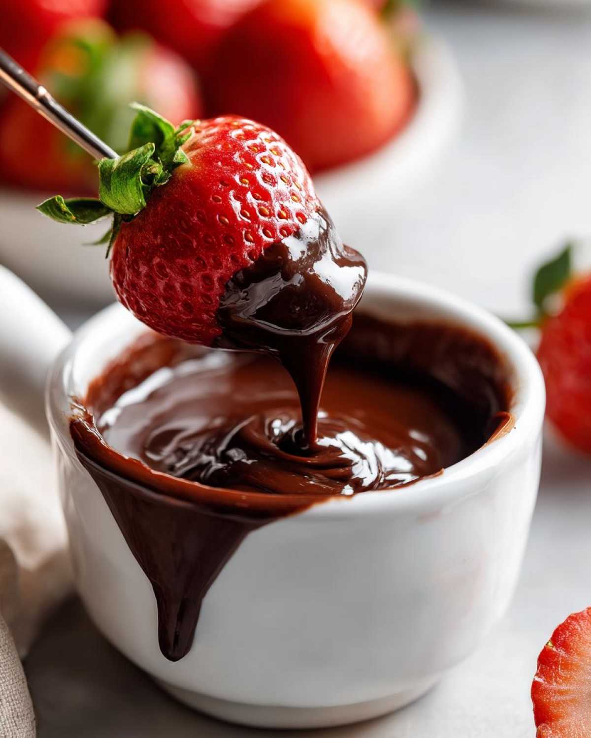 A fresh strawberry being dipped into rich, melted chocolate fondue using a small fork.