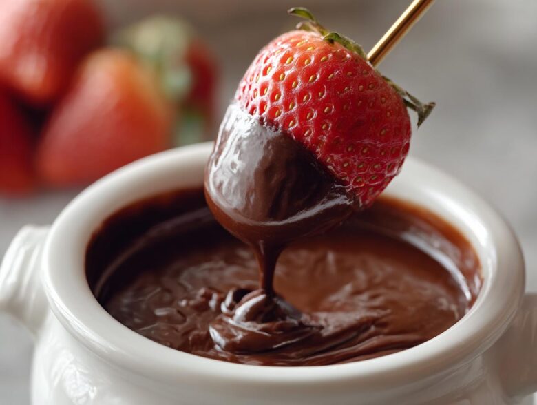 A fresh strawberry on a skewer being dipped into a white bowl of smooth, melted chocolate fondue.