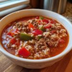 Close-up of a white bowl filled with rich, tomato-based stuffed pepper soup featuring ground beef, rice, and chunks of red and green peppers.