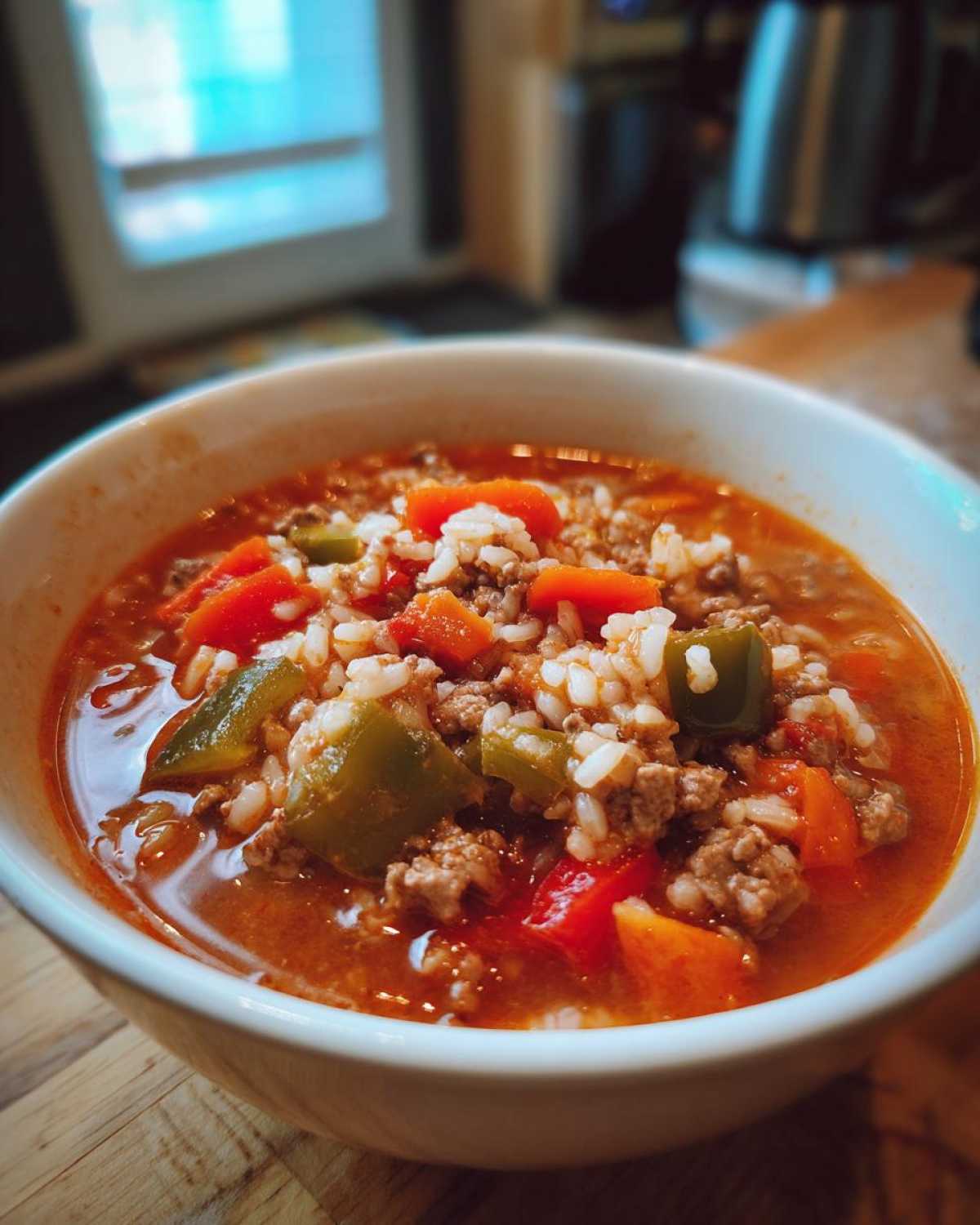 Close-up of a white bowl filled with savory stuffed pepper soup, featuring ground meat, rice, carrots, and green peppers.