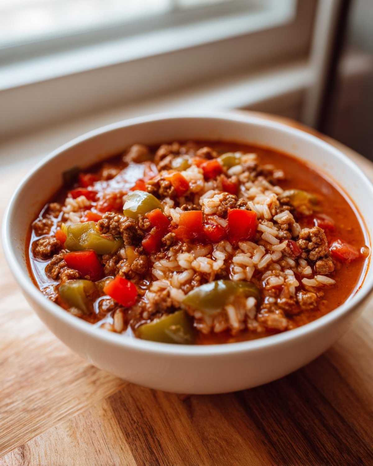A close-up of a white bowl filled with rich, tomato-based stuffed pepper soup, featuring ground meat, rice, and chunks of red and green peppers.