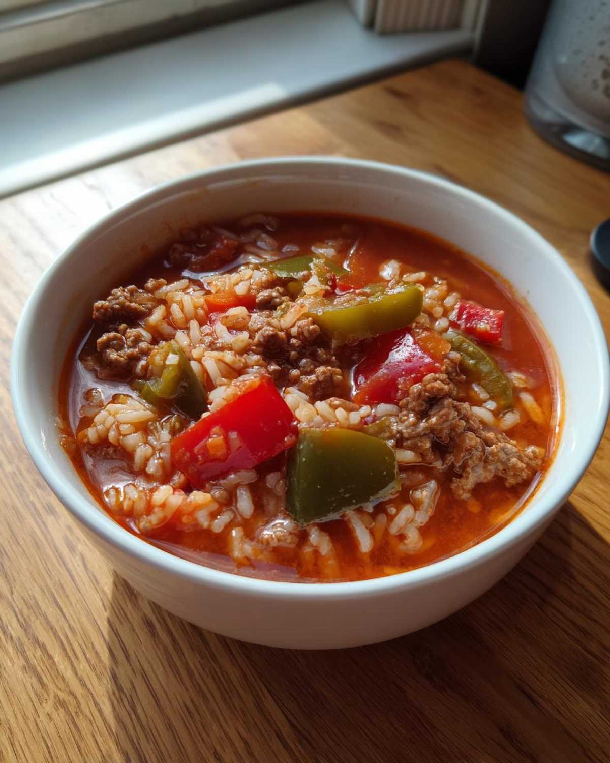 Close-up of a white bowl filled with flavorful stuffed pepper soup, featuring ground meat, rice, and chunks of red and green peppers.