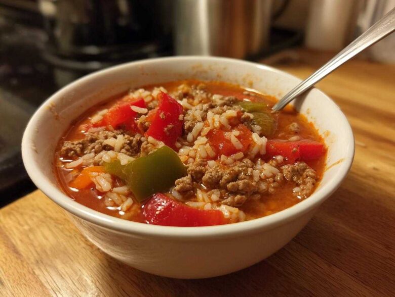 Close-up of a white bowl filled with steaming stuffed pepper soup featuring ground meat, rice, and chunks of red and green peppers.