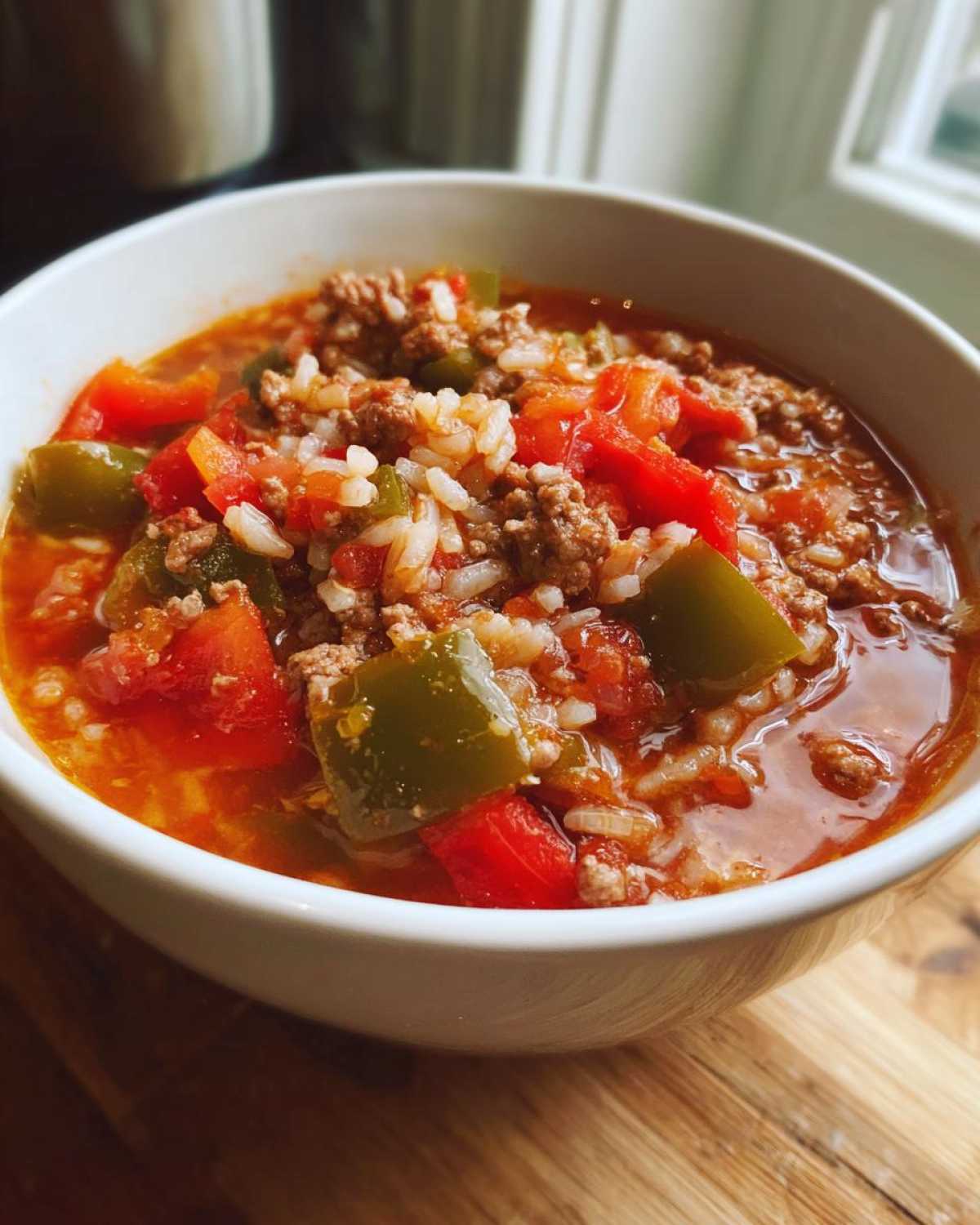 Close-up of a white bowl filled with savory stuffed pepper soup, featuring ground meat, rice, and chunks of red and green peppers.
