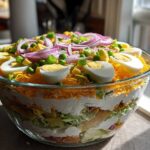 A beautiful, fully assembled 7 layer salad in a clear glass bowl, topped with eggs, cheese, and red onion.