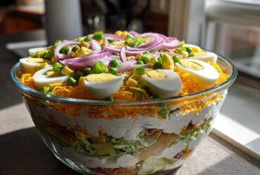 A beautiful, fully assembled 7 layer salad in a clear glass bowl, topped with eggs, cheese, and red onion.