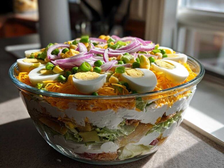 A beautiful, fully assembled 7 layer salad in a clear glass bowl, topped with eggs, cheese, and red onion.