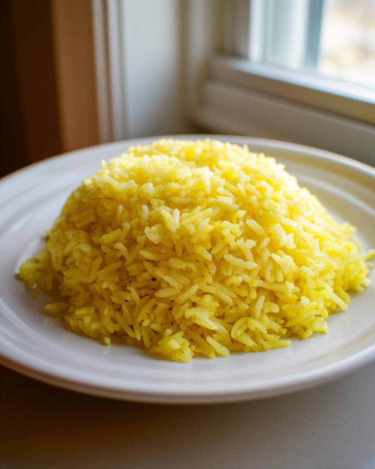 A perfectly molded mound of bright yellow Texas Roadhouse Seasoned Rice served on a white plate.