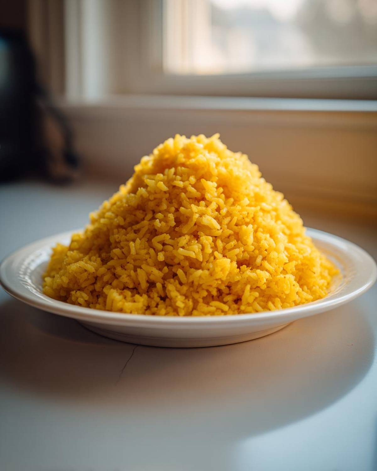 A tall mound of bright yellow Texas Roadhouse Seasoned Rice served on a white plate.