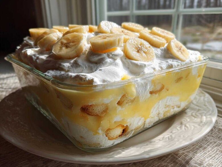 A glass dish filled with layers of THE BANANA PUDDING, topped with whipped cream and sliced bananas.
