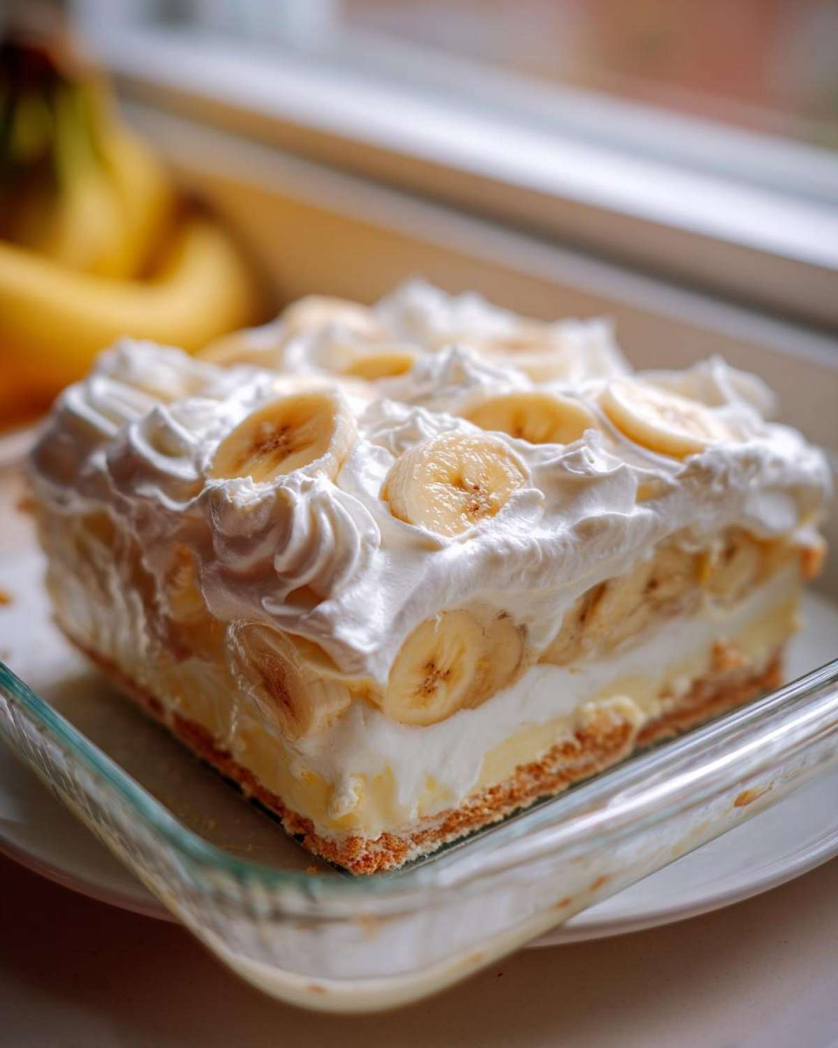 A square serving of THE BANANA PUDDING layered with custard, cream, and topped with whipped cream and fresh banana slices.
