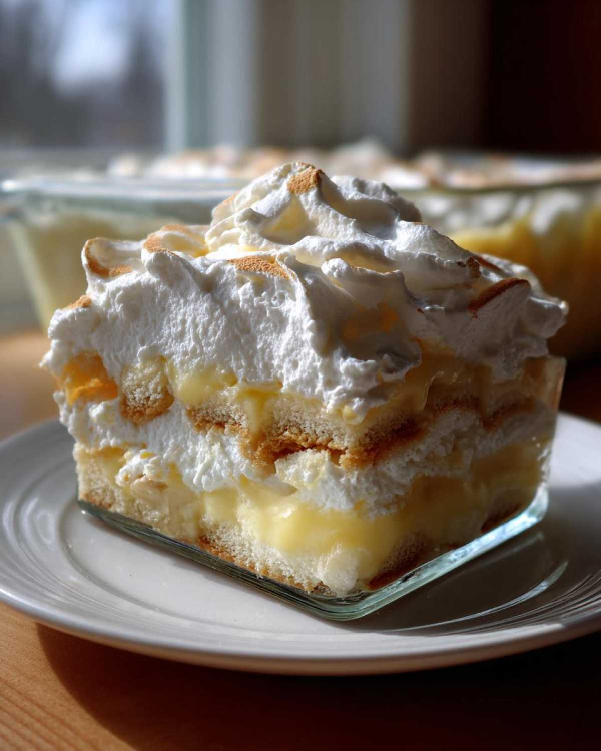 A tall, layered slice of THE BANANA PUDDING topped with whipped cream and a dusting of cinnamon.