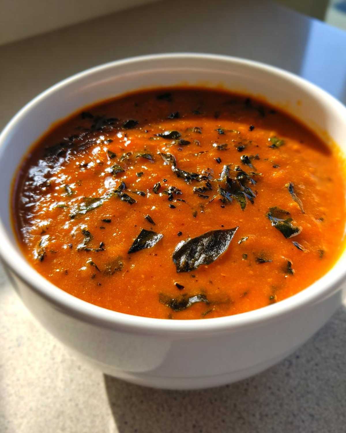 Close-up of a vibrant orange bowl of tomato basil soup garnished with dark green basil leaves.