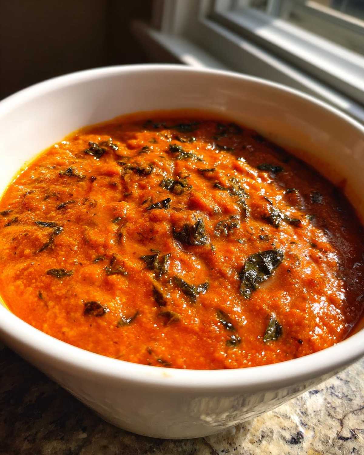 Close-up of rich, orange-red tomato basil soup topped with visible pieces of fresh basil in a white bowl.