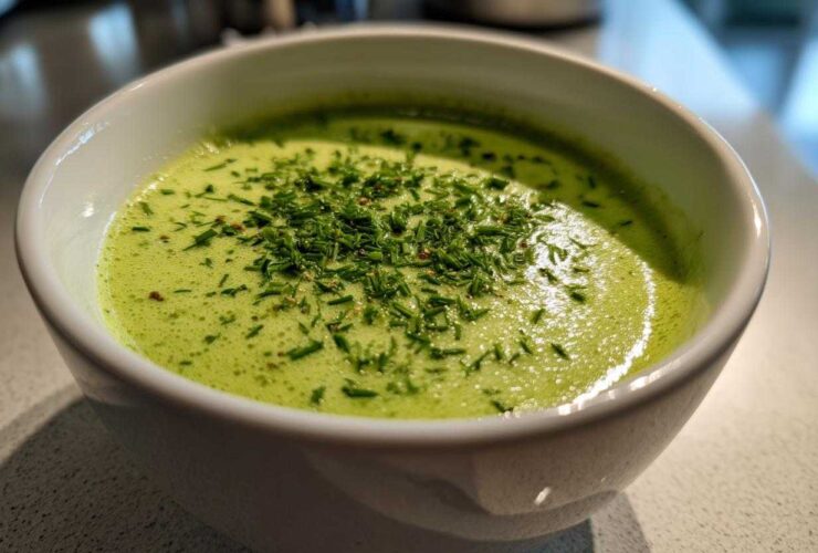 Close-up of a white bowl filled with bright green Vegan Creamy Cucumber Dill Soup, topped with fresh chopped chives.