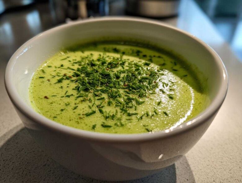 Close-up of a white bowl filled with bright green Vegan Creamy Cucumber Dill Soup, topped with fresh chopped chives.