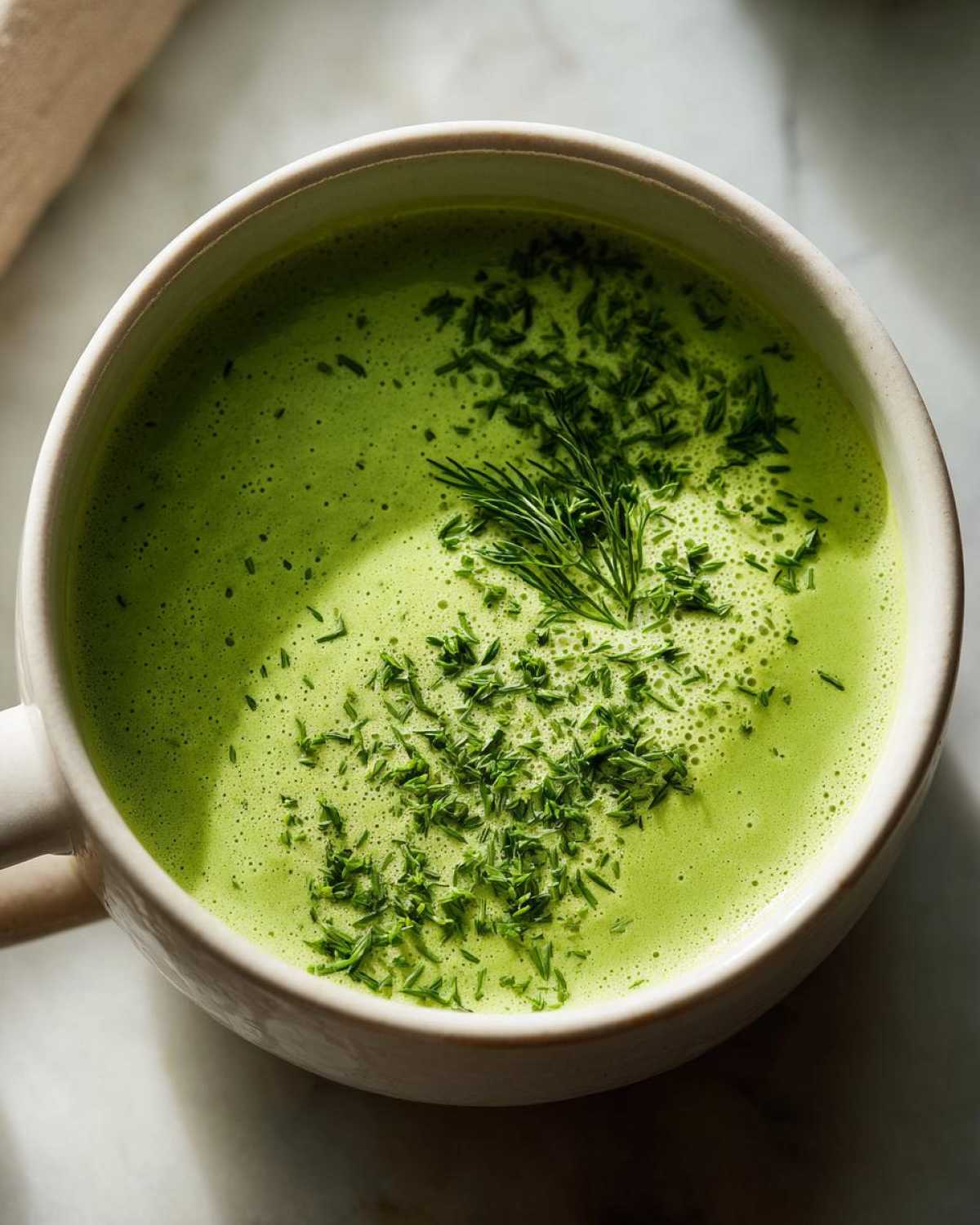 Overhead close-up of bright green Vegan Creamy Cucumber Dill Soup topped with fresh chopped dill.