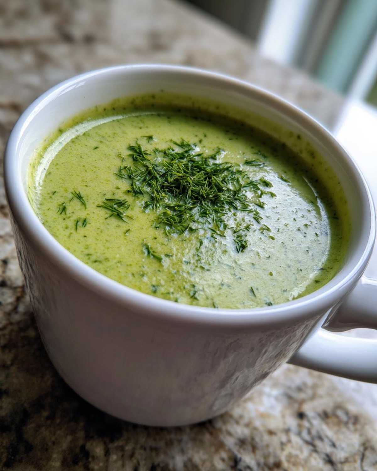 Close-up of a vibrant green Vegan Creamy Cucumber Dill Soup topped with fresh dill in a white mug.