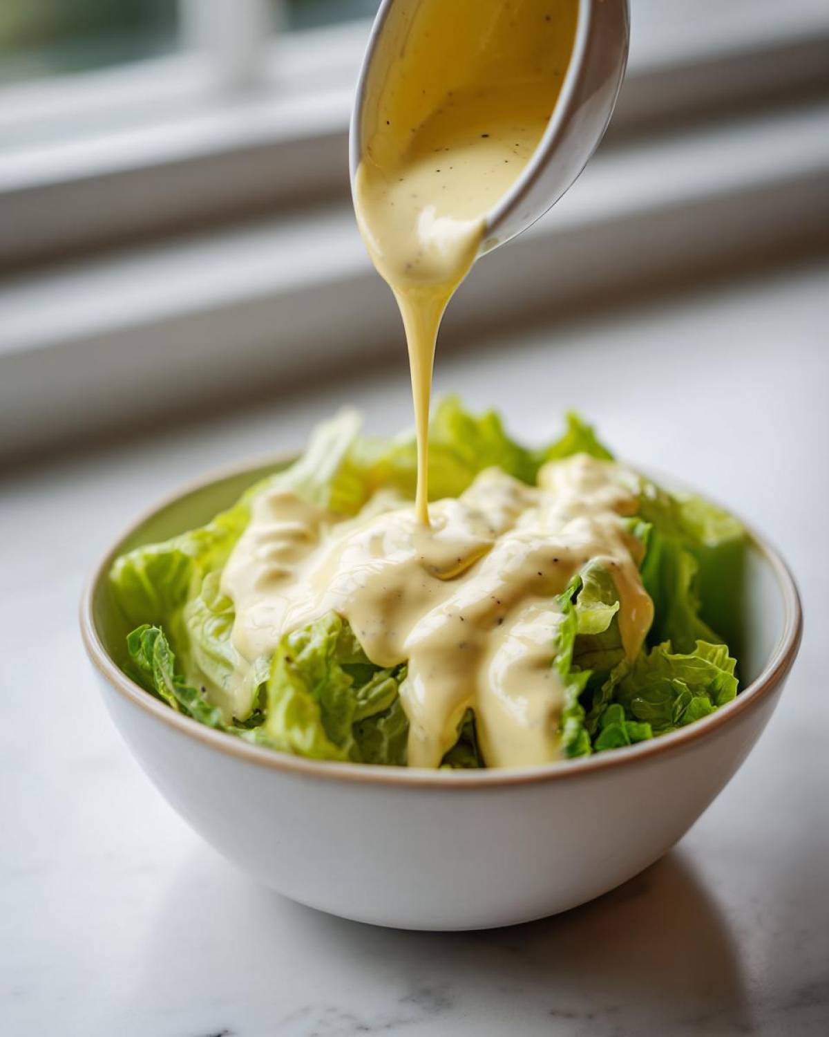 A stream of creamy Vegan Creamy Lemon Tahini Dressing being poured from a small white pitcher onto fresh green lettuce in a bowl.