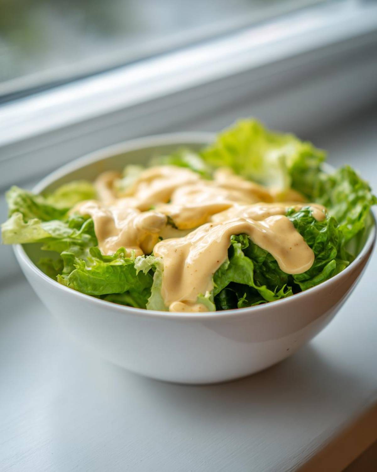 A white bowl filled with fresh green lettuce topped generously with Vegan Creamy Lemon Tahini Dressing.